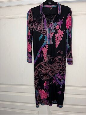 Ray Kang- Art deco Floral Collared Midi Dress with Pink & Purple Blooms